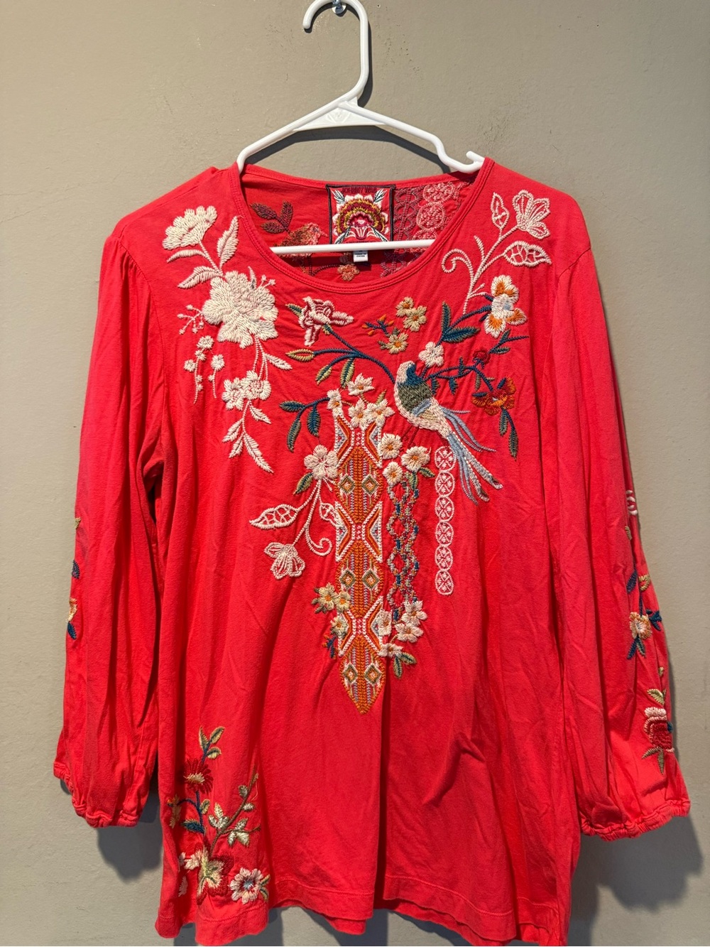 Johnny Was Red Embroidered Long Sleeve Peasant Top coral color